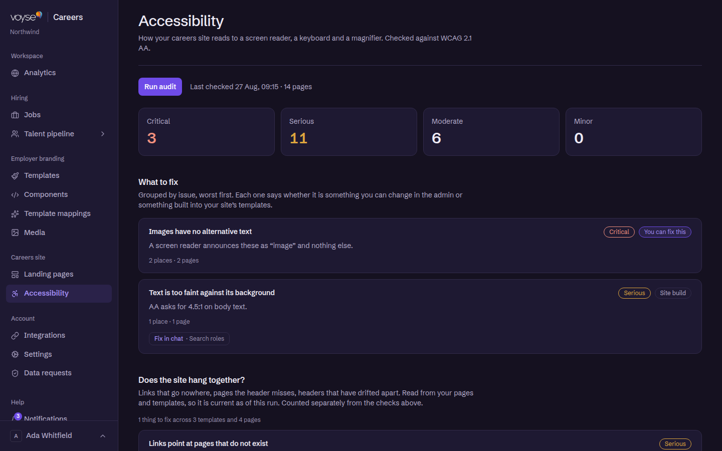 The accessibility page, showing an audit's findings grouped by issue