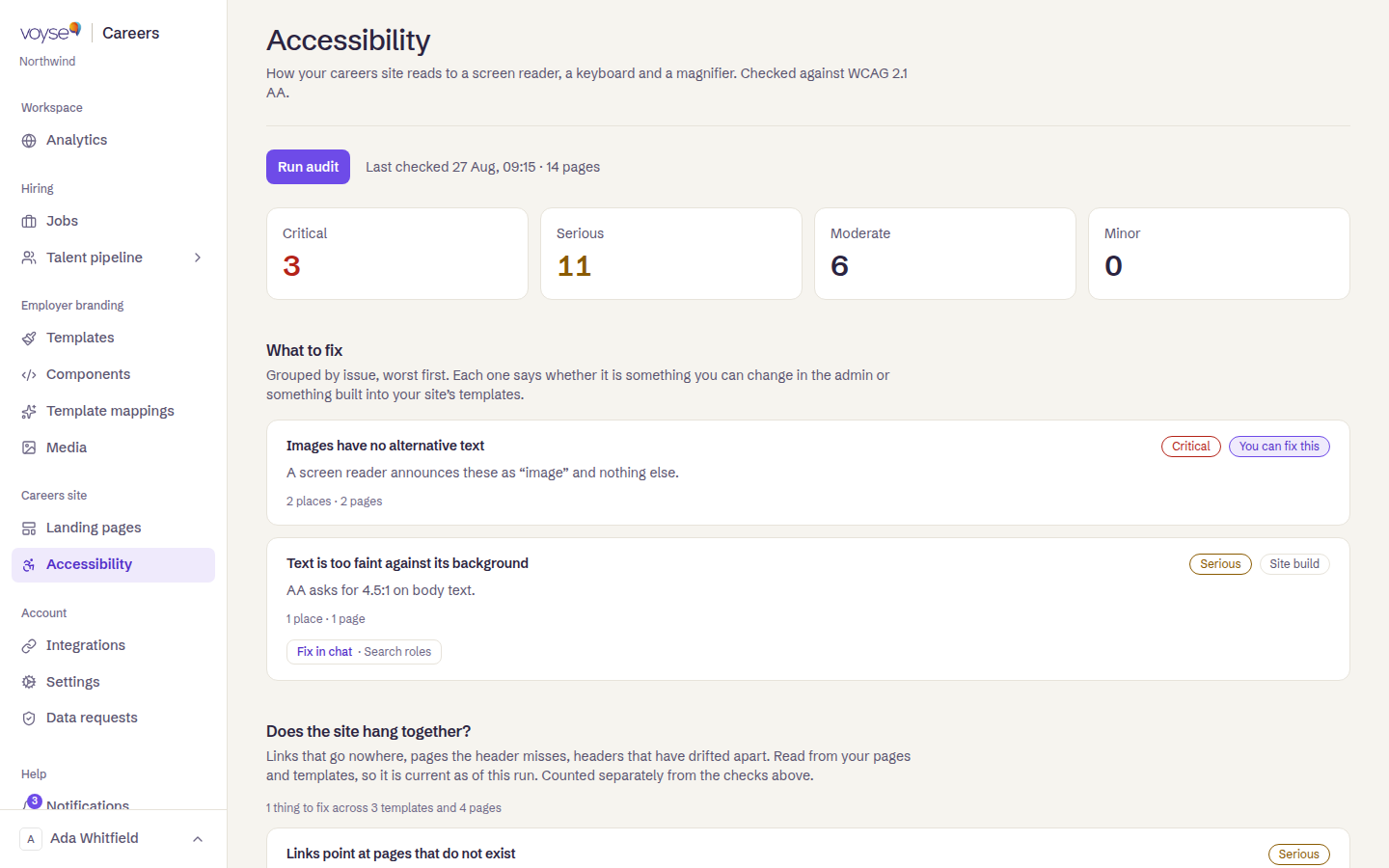The accessibility page, showing an audit's findings grouped by issue