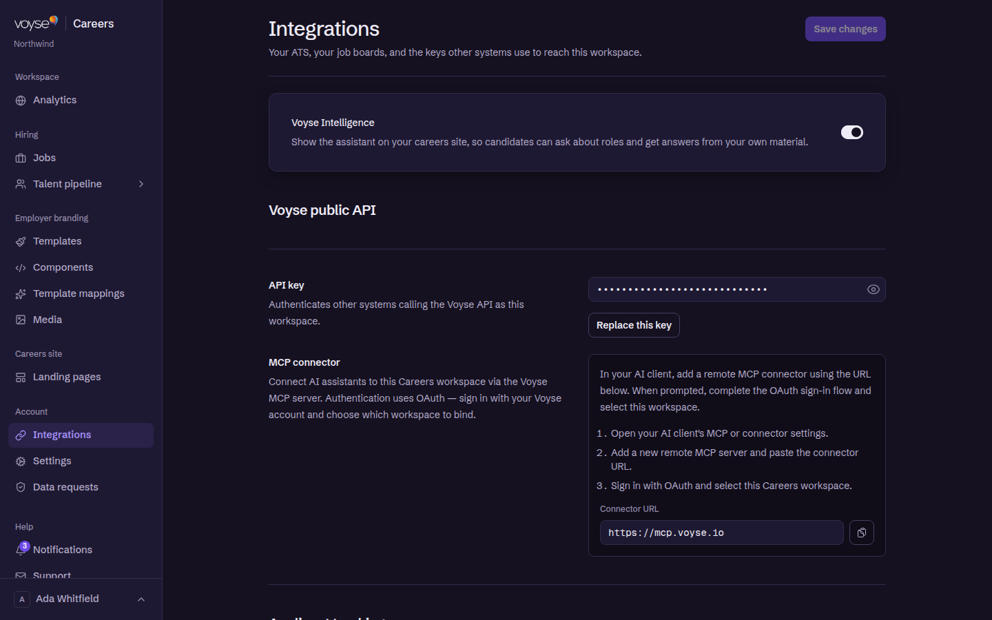 The top of the Integrations page, showing the Voyse Intelligence switch, the API key and the MCP connector. Applicant tracking is further down the same page