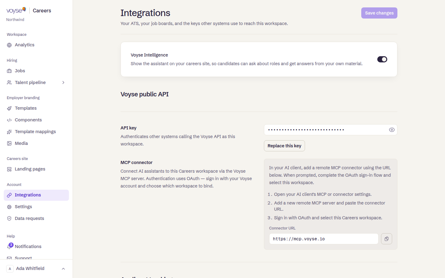 The top of the Integrations page, showing the Voyse Intelligence switch, the API key and the MCP connector. Applicant tracking is further down the same page
