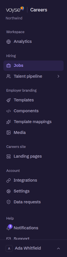 The sidebar, showing the Workspace, Hiring, Employer branding, Careers site and Account groups