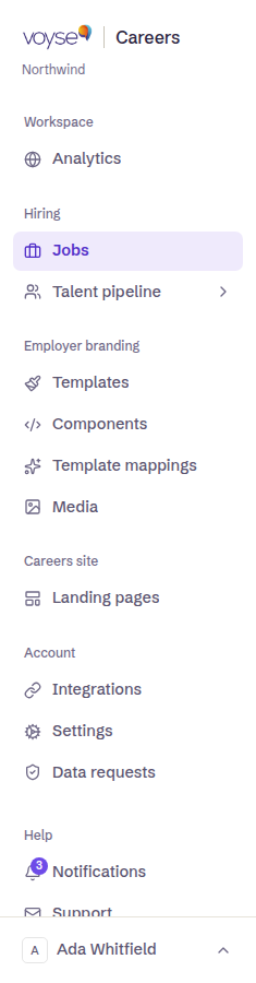 The sidebar, showing the Workspace, Hiring, Employer branding, Careers site and Account groups