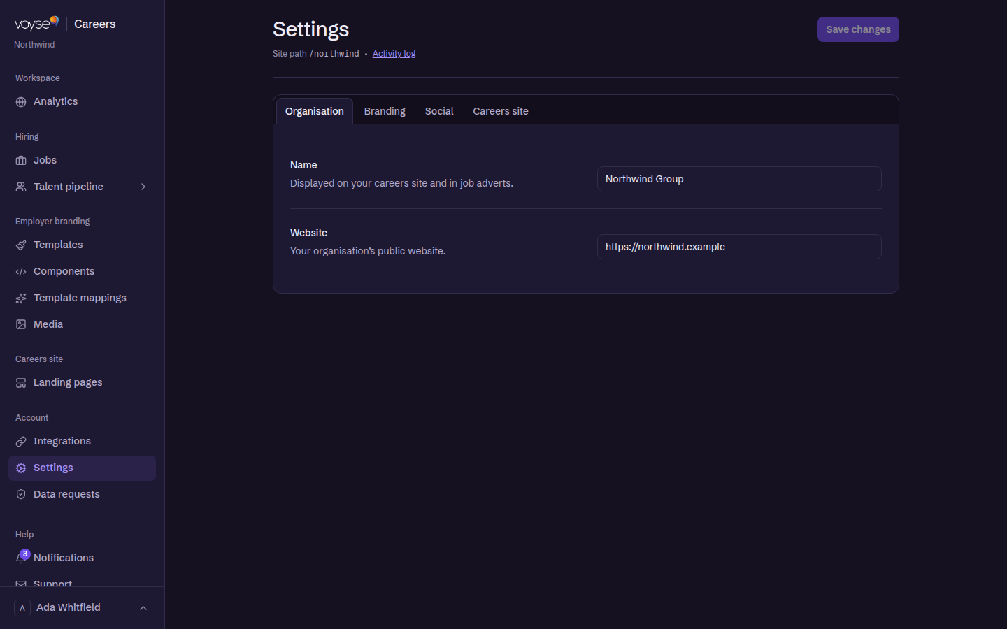 The settings page