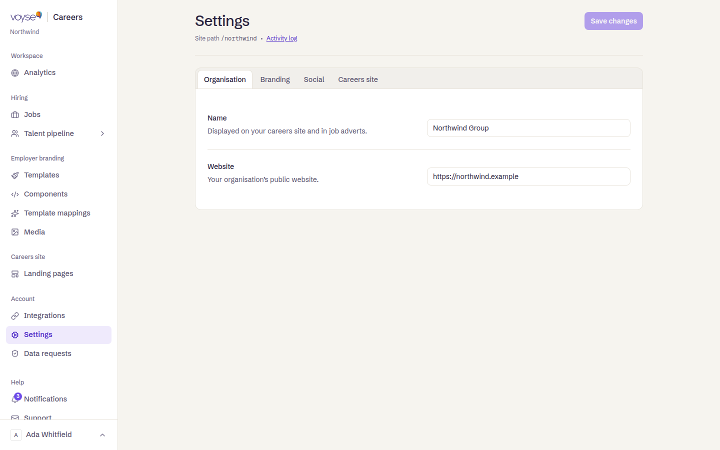 The settings page
