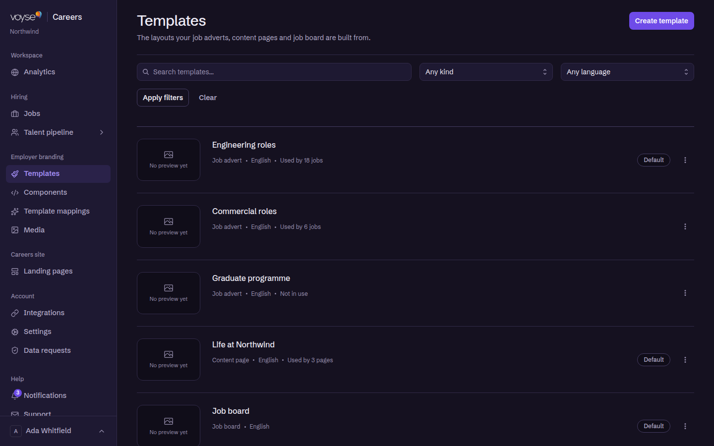 The templates list