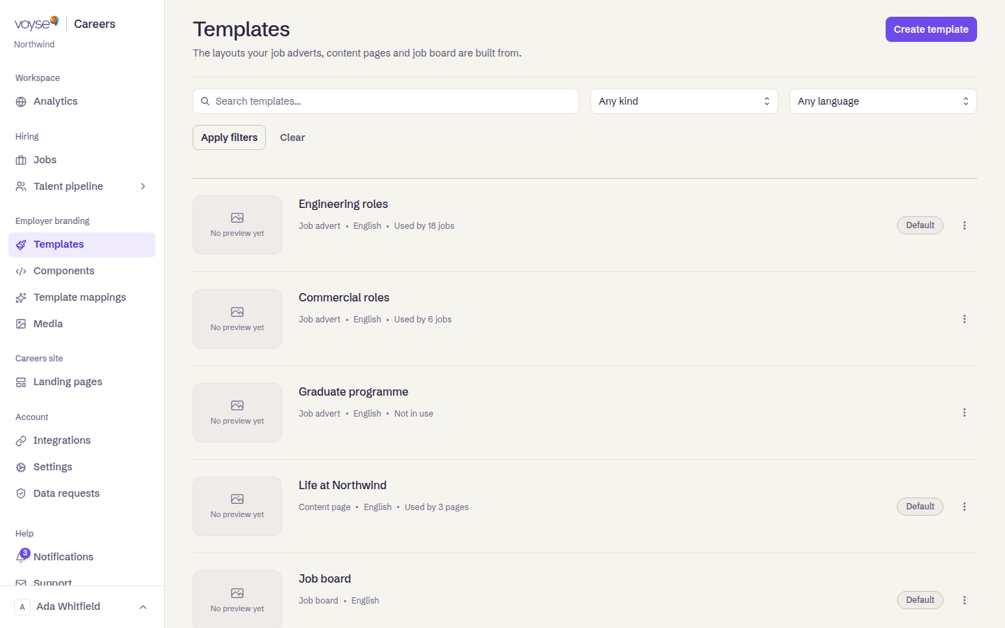 The templates list
