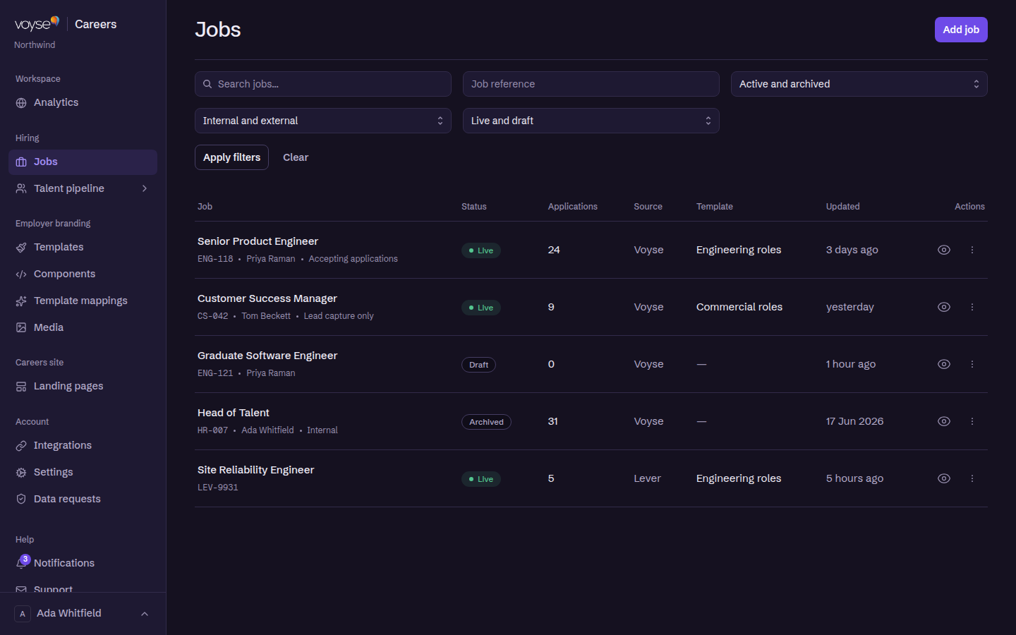 The jobs list