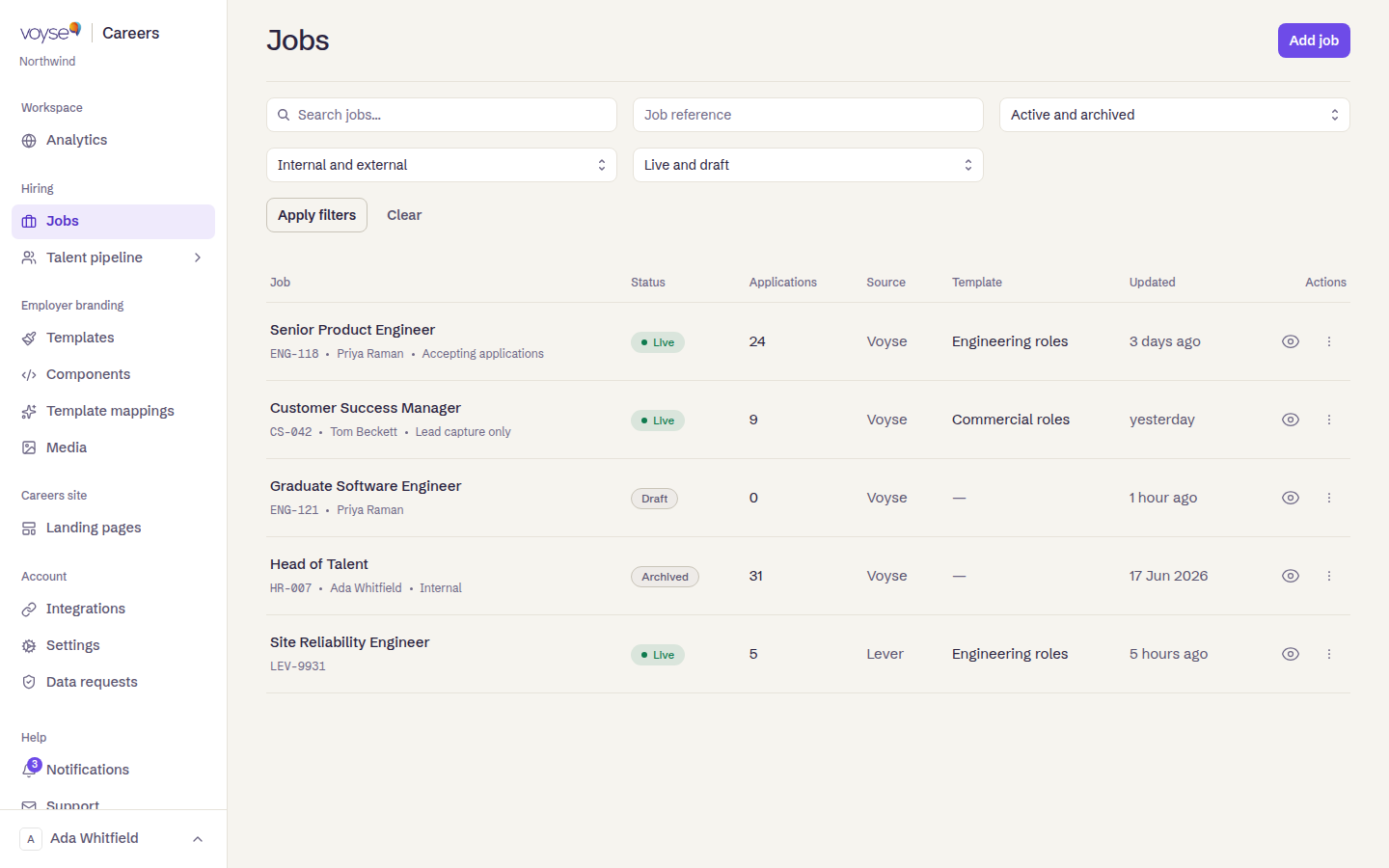 The jobs list