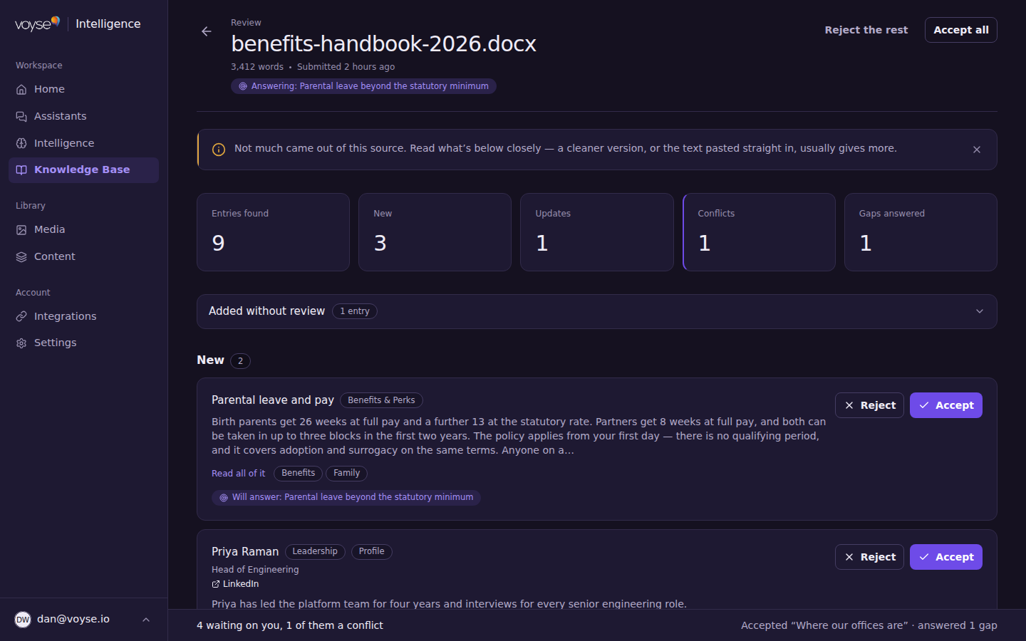 The review screen, with proposed entries grouped as new, updates and conflicts