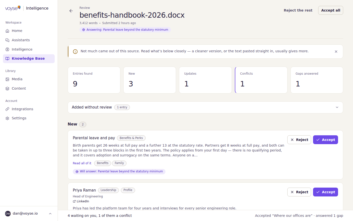 The review screen, with proposed entries grouped as new, updates and conflicts