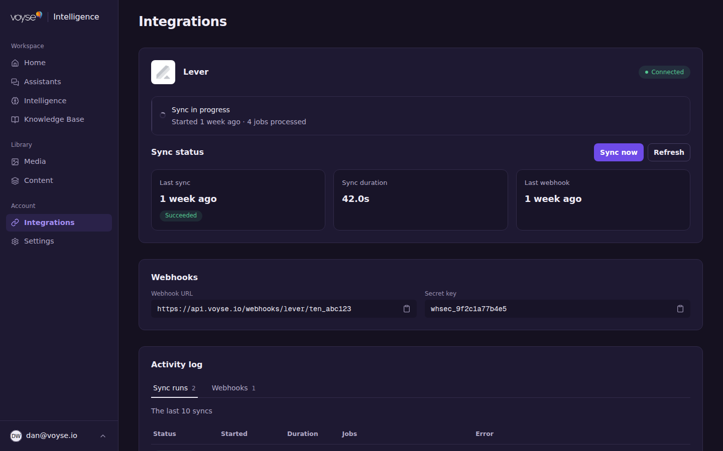 The Integrations page with an ATS connected, showing sync status