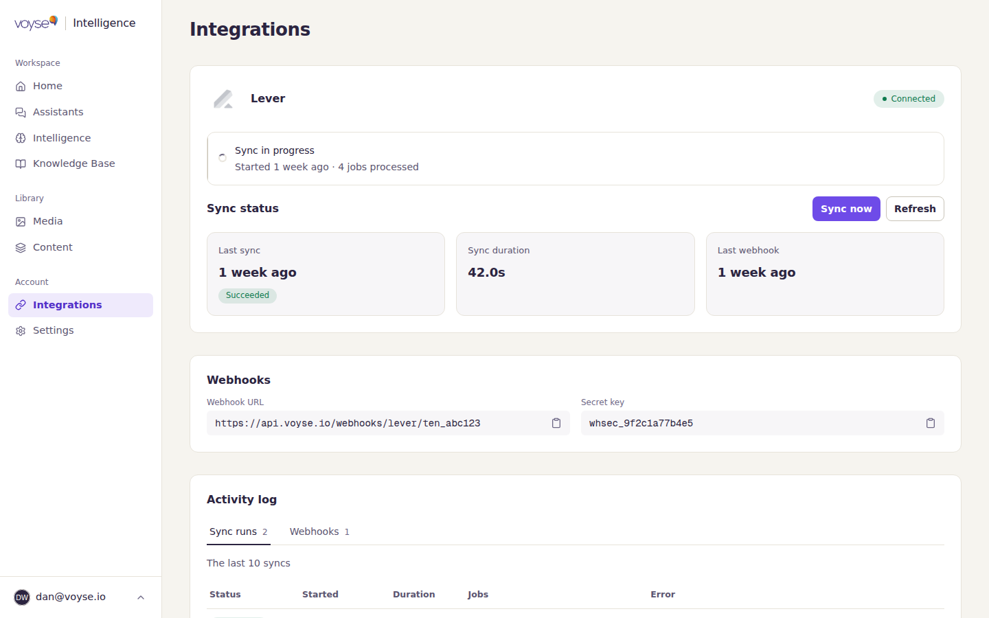 The Integrations page with an ATS connected, showing sync status