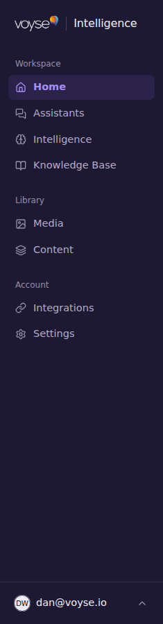 The sidebar, showing the Workspace, Library and Account groups, on an account with several assistants