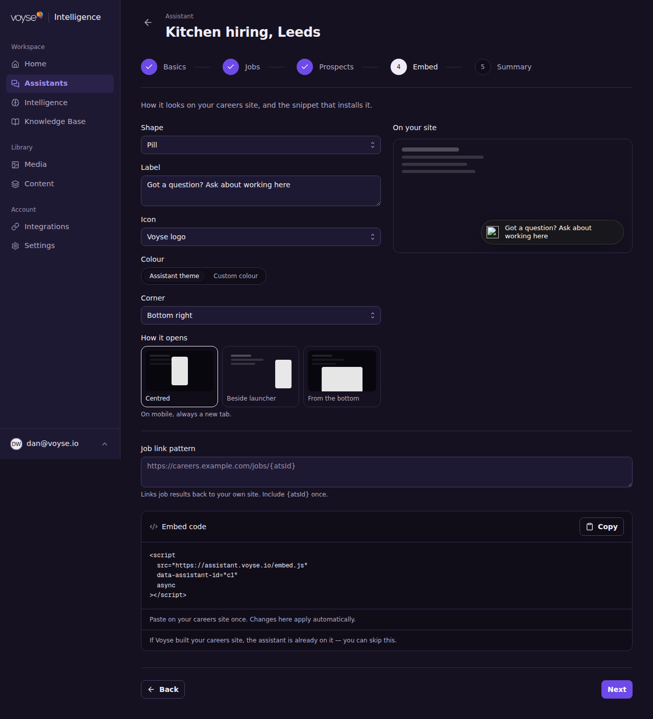 The Embed step, with the appearance options and the code to copy